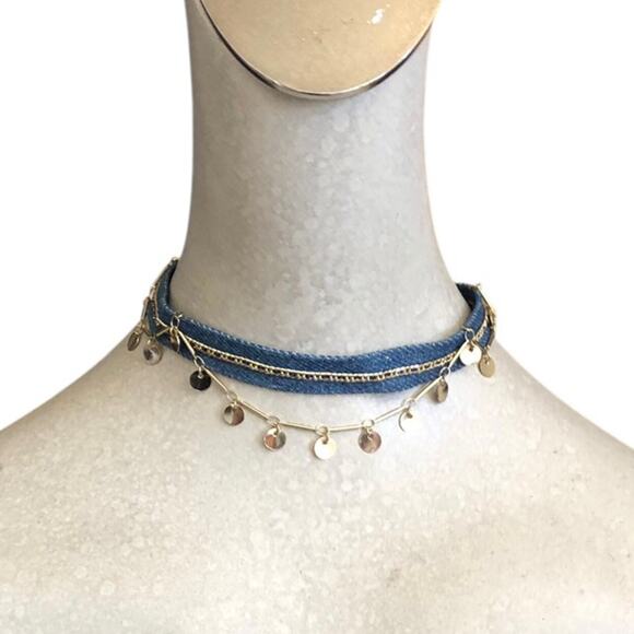 ettika NWOT Denim And Gold Plated Brass Disc Chain Lobster Clasp Choker Necklace - Picture 2 of 7
